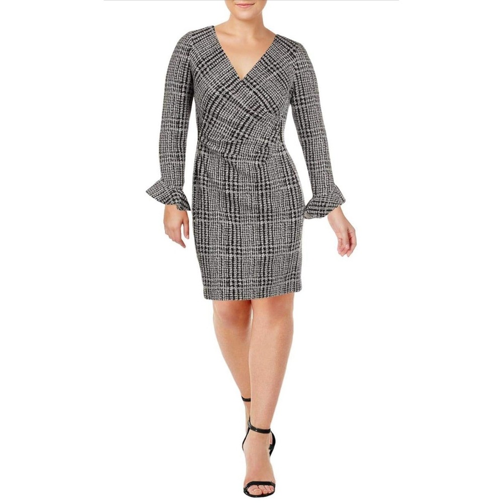 Lauren Ralph‎ Lauren Ruched Dress Women 8 Black White Design V Neck NWT $160